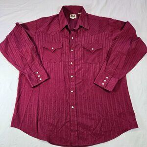 VTG Ely Cattleman‎ Mens XL Burgundy Western Shirt Long Sleeve Striped Pearl Snap